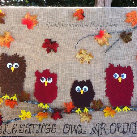 Fall Fabric Owl  and Burlap Wall Art