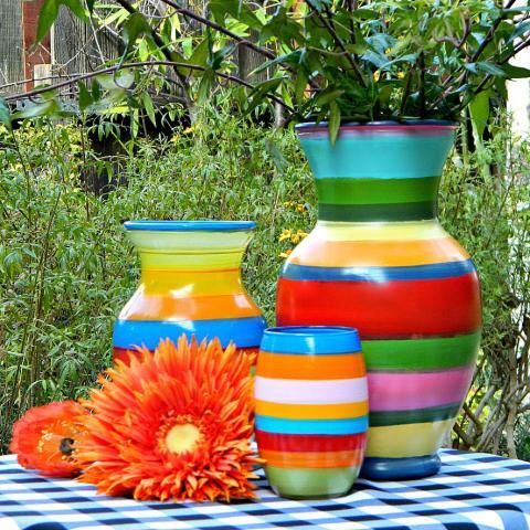 Striped Spring Vases (painted on an old record player)