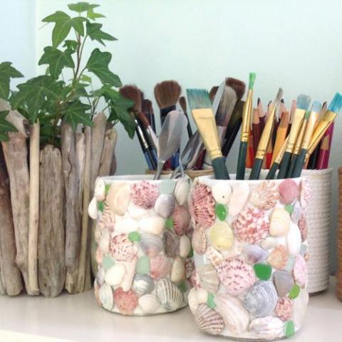 Shell and sea glass pot